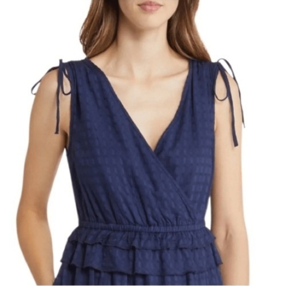 Nordstrom Dress S Navy ruffle Romantic Cottagecore Faux Wrap Travel Vacation - Picture 2 of 11